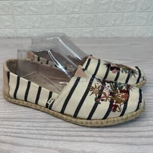 Toms Alpargata Rope Espadrilles Loafer WMNS 8.5 Blue Striped Floral Embroidered